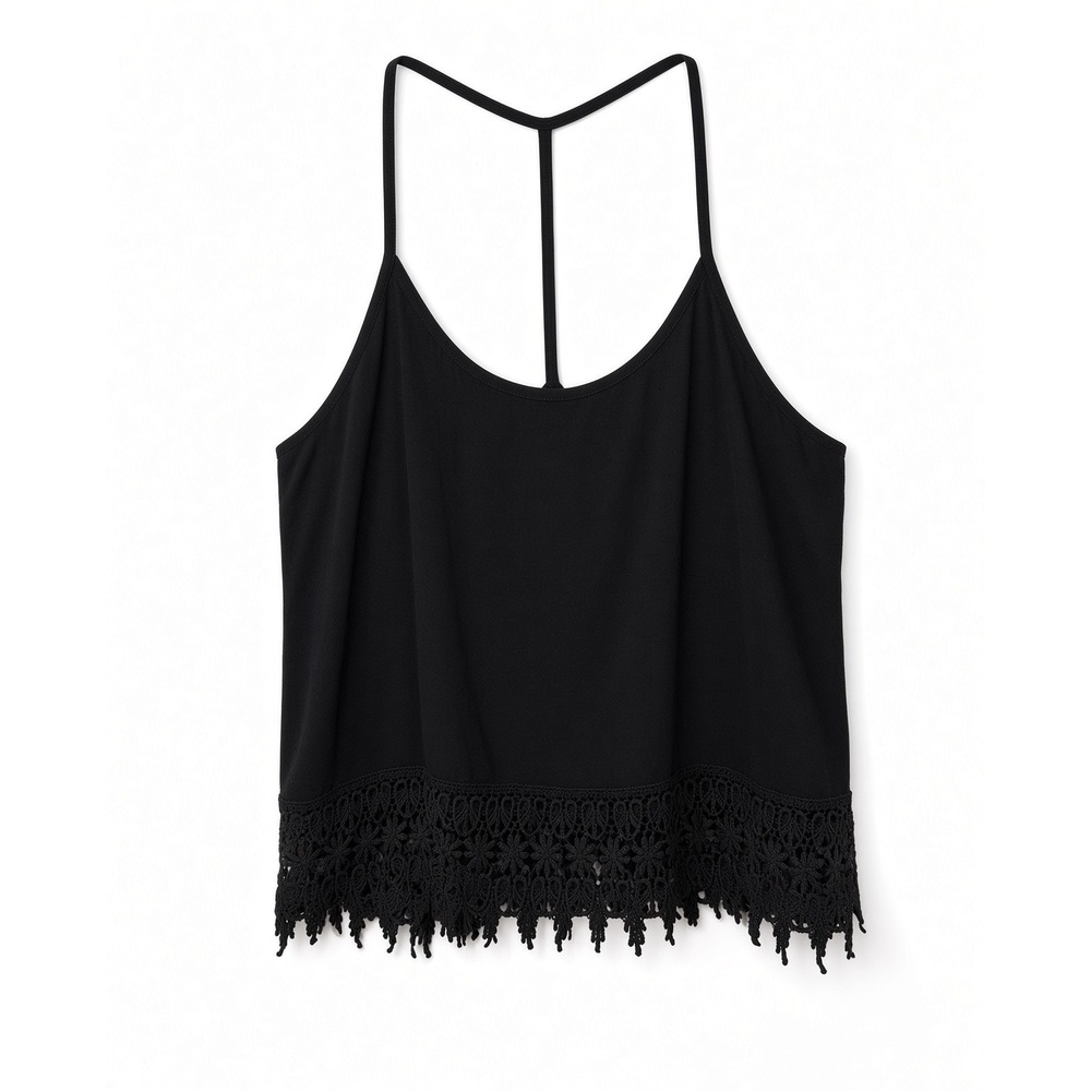 Womens Black T-Back Camisole Tank Top with Crochet Lace Trim Hem Bohemian Cami